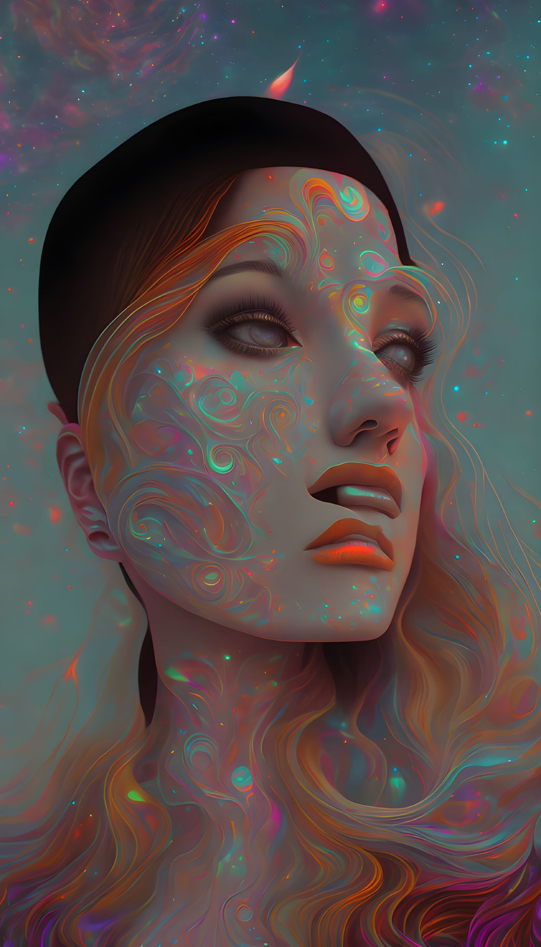 Surreal portrait of woman with swirl patterns on skin in cosmic background