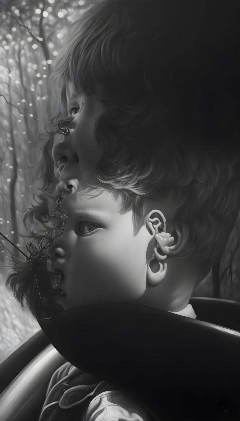 Monochrome portrait of two children with curly hair in contemplation