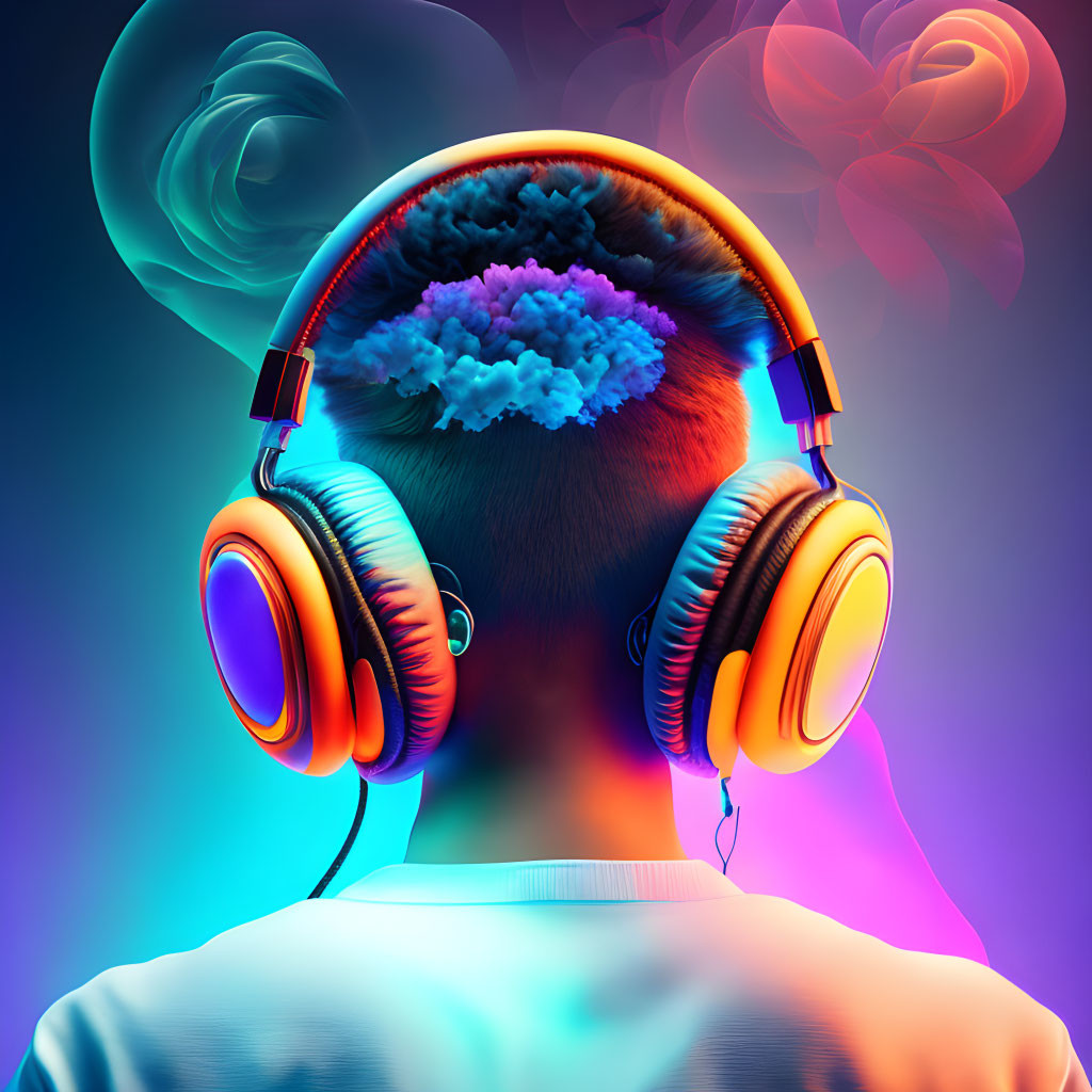 Vibrant digital artwork: person in headphones with abstract design on purple-blue gradient.