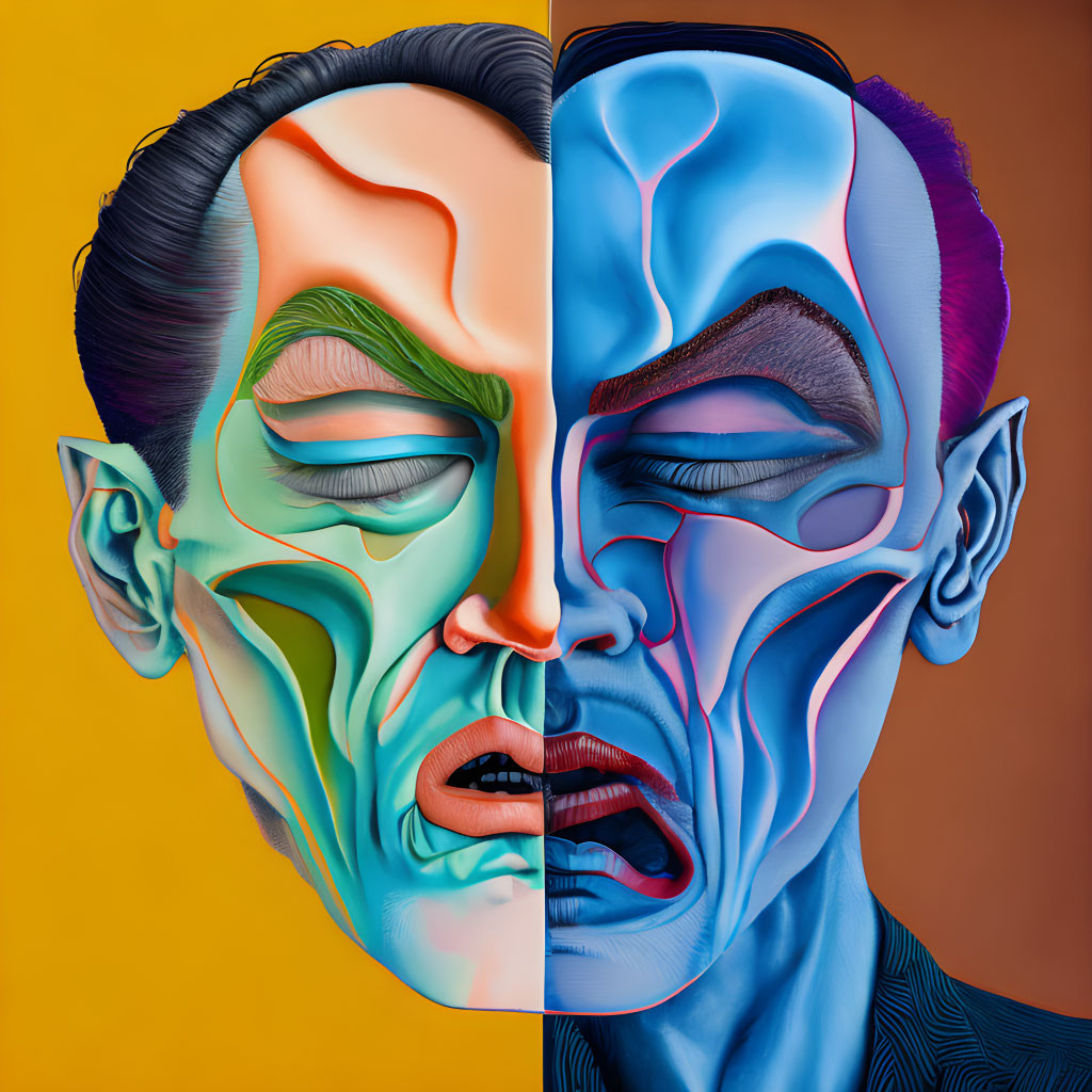 Symmetrical dual-faced artwork with warm and cool colors depicting varied emotions