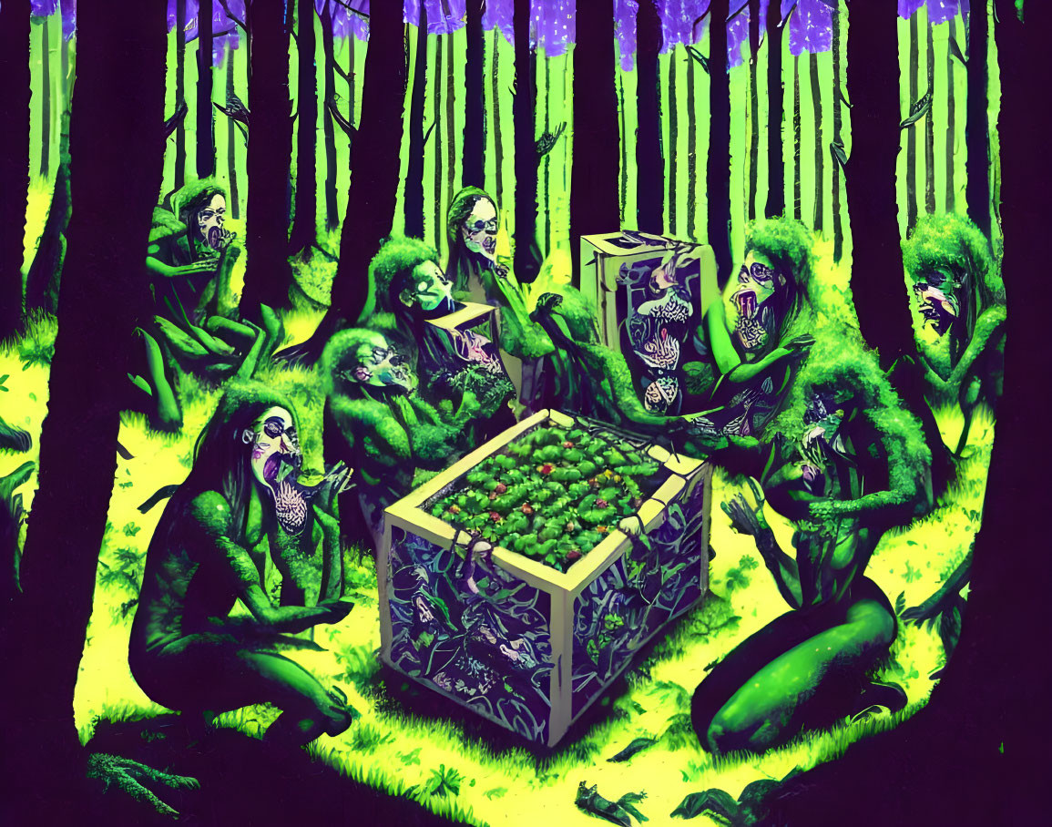 Surreal green-skinned creatures in forest with human-faced cubes and purple lighting