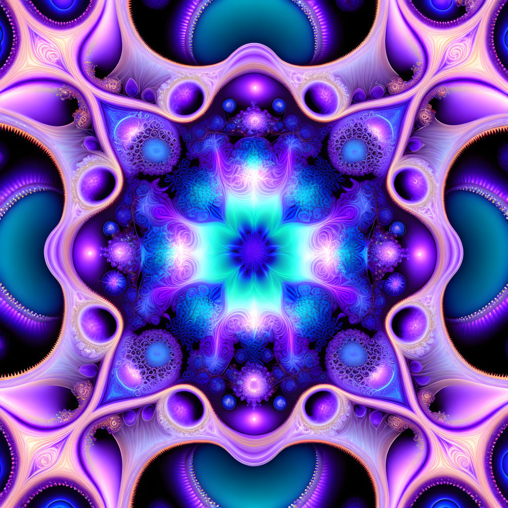 Symmetrical blue and purple fractal pattern with swirling shapes