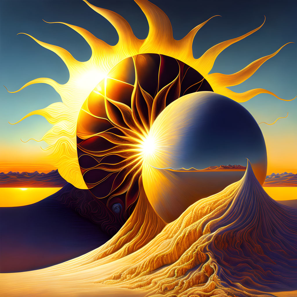 Surreal Landscape with Stylized Sun and Moon Over Orange Twilight Sky