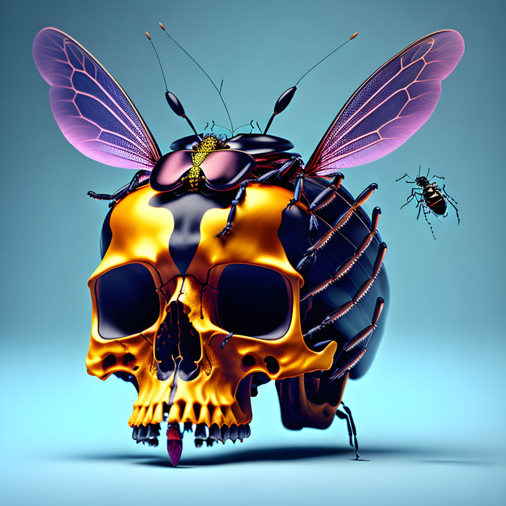 Digital artwork: Human skull with bee elements on blue background