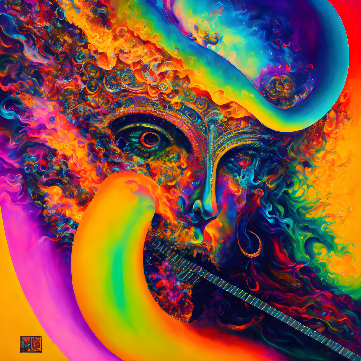 Colorful Abstract Artwork with Eye and Flame-like Patterns