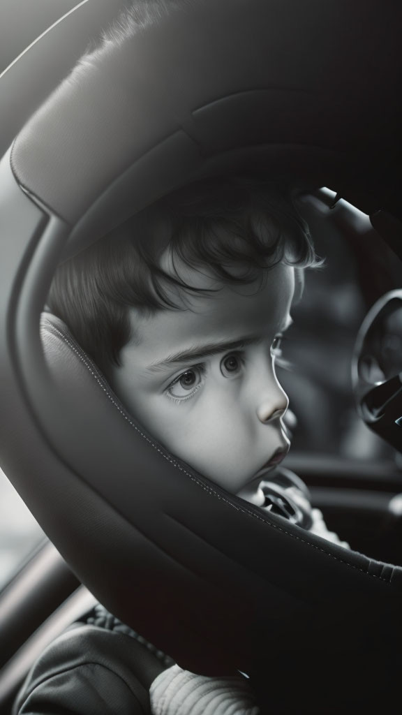 Monochrome photo of child in car backseat with reflective eyes