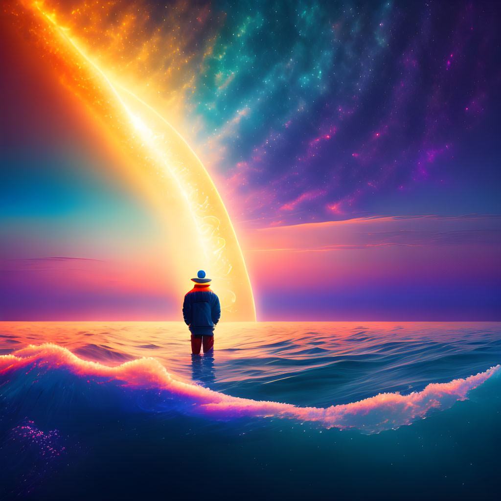 Person in hat gazes at calm sea under vibrant cosmic sky