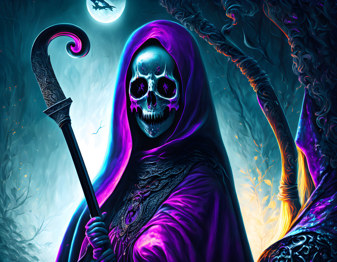 Digital artwork: Cloaked figure with glowing skull face and scythe in neon-lit forest