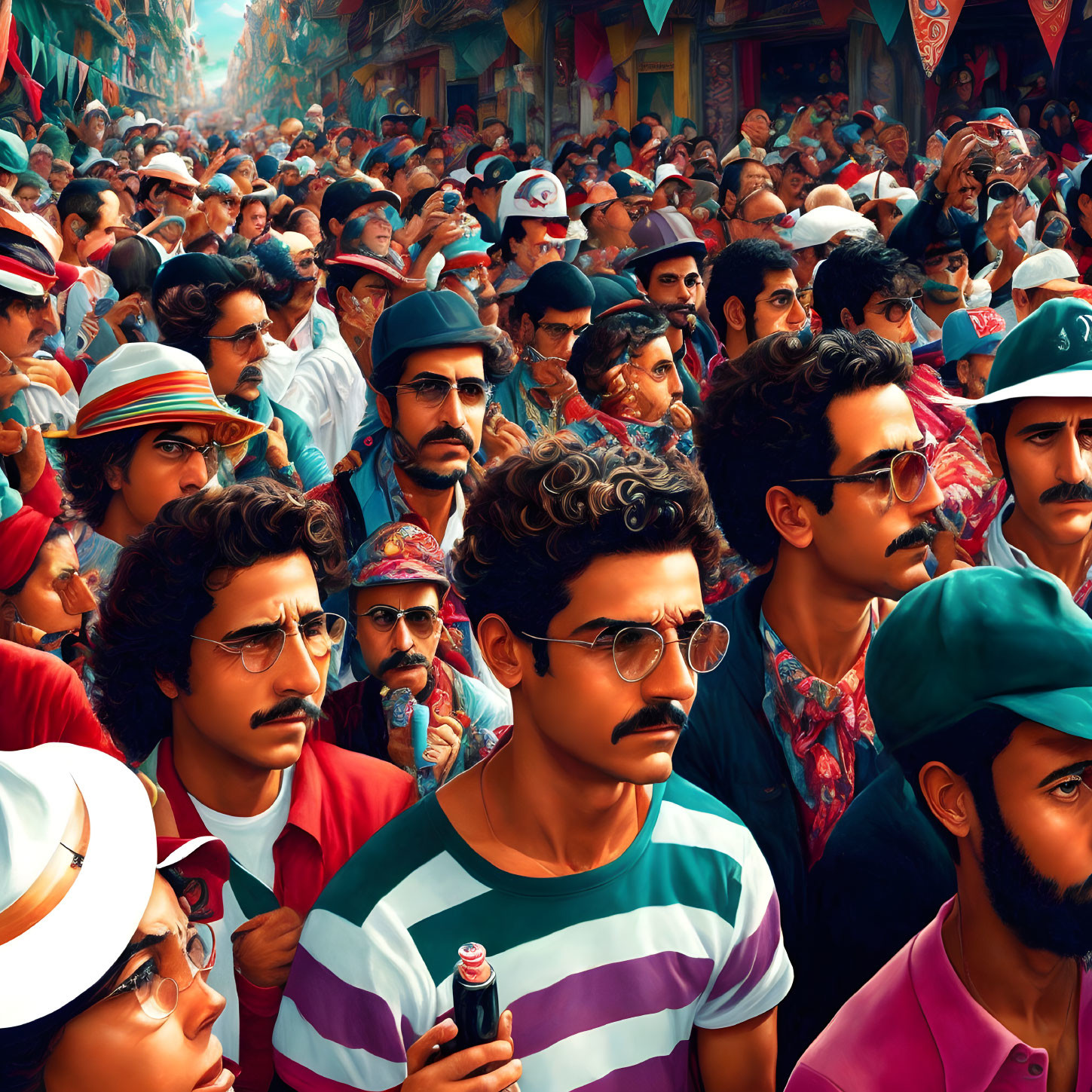 Colorful Street Scene with Man in Striped Shirt Standing Out