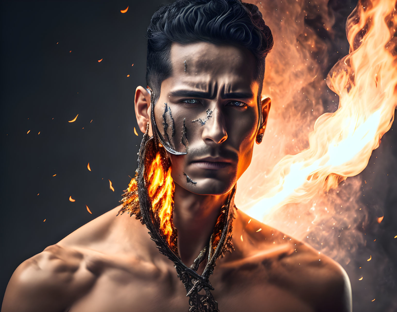 Digital artwork of man with fiery wing and tribal face markings in ember-filled scene