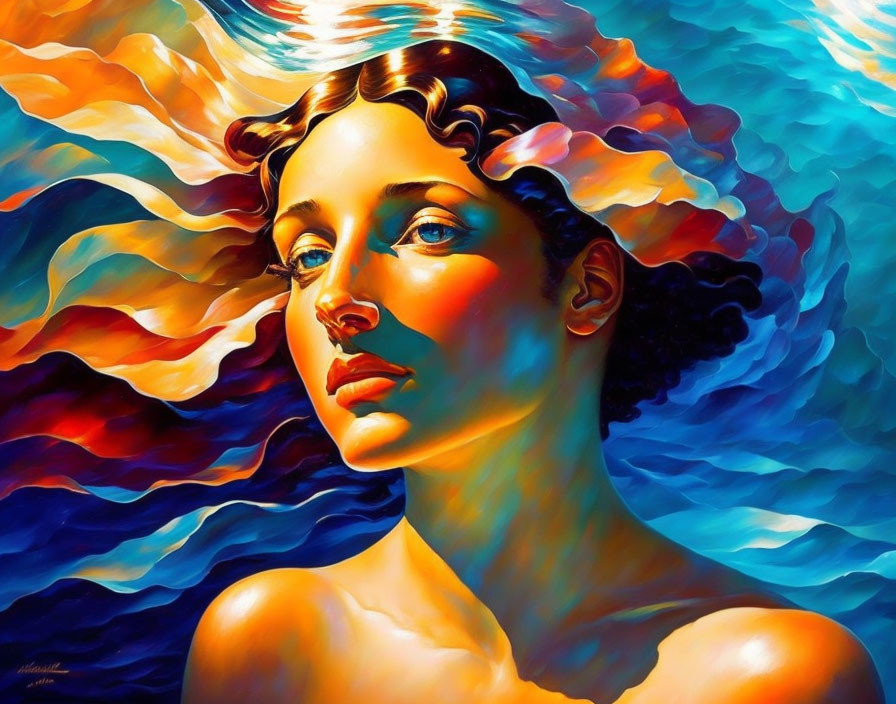 Colorful painting of woman with flowing hair in vibrant blue, red, and gold waves