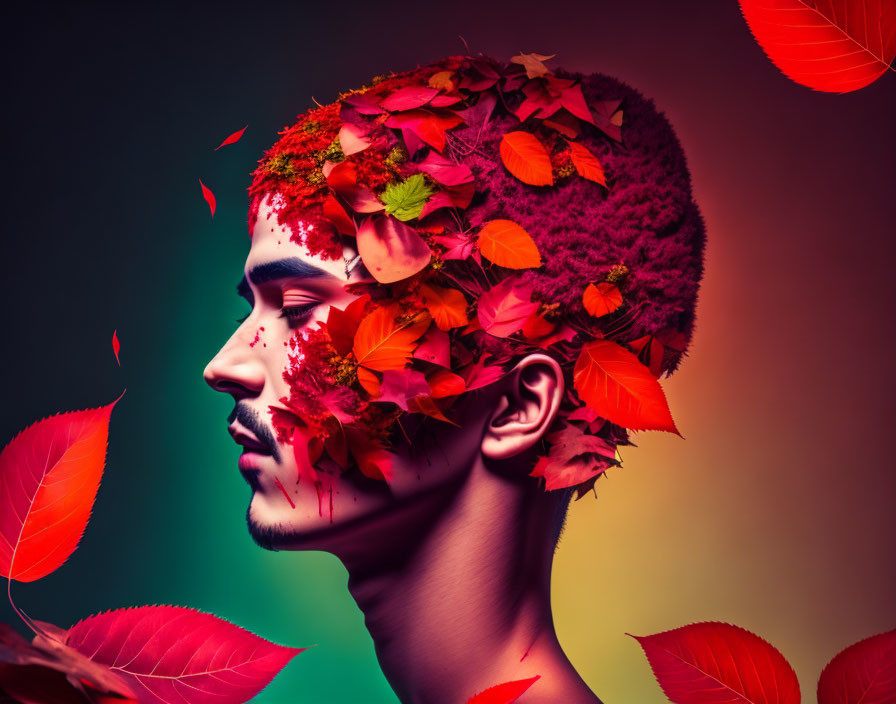 Surreal portrait: man with autumn leaves head on gradient background