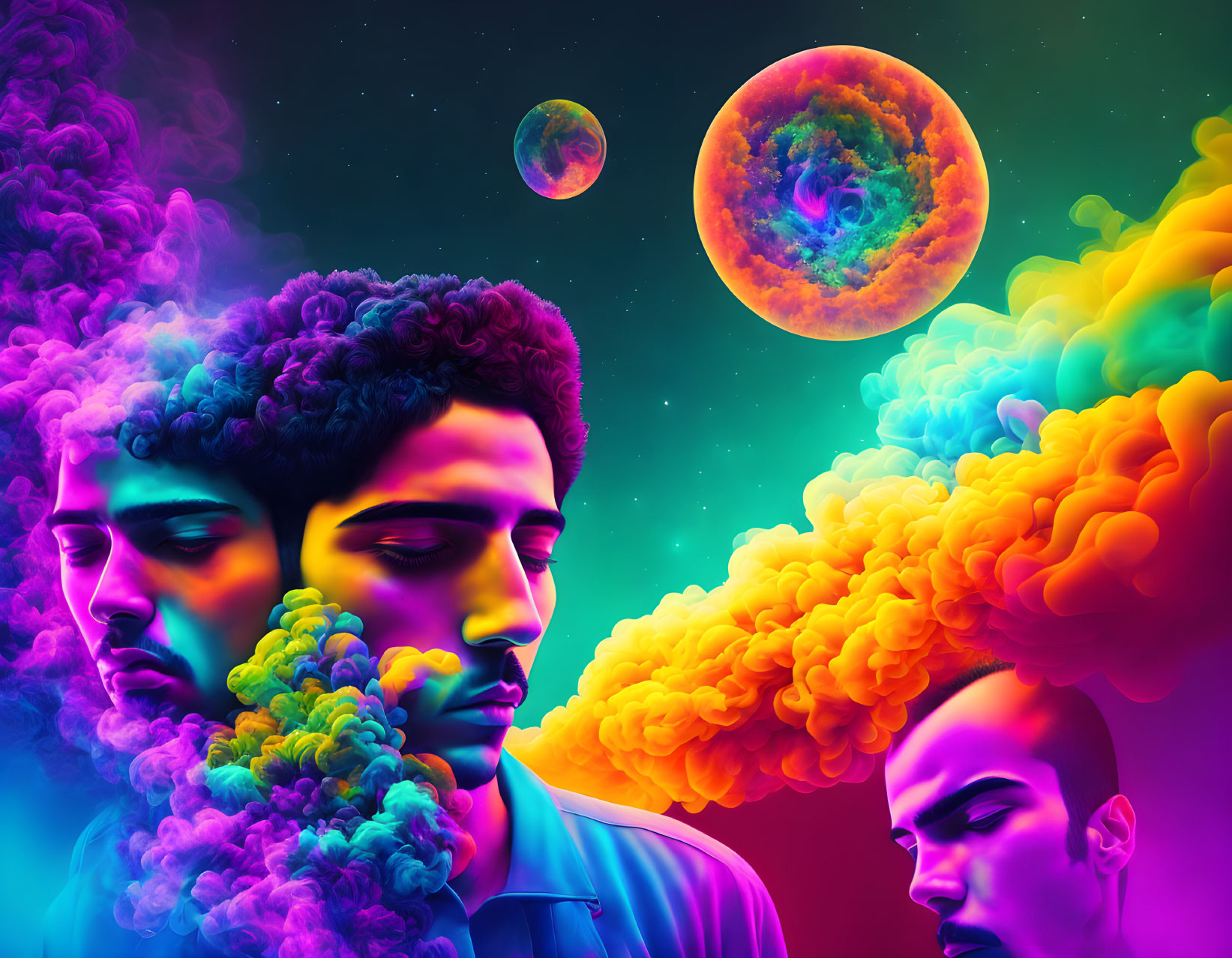 Colorful surreal male faces in cosmic setting with vibrant clouds.