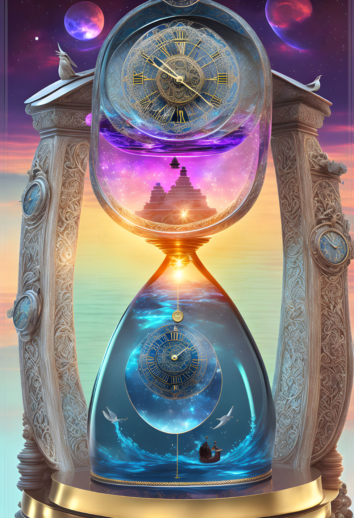Ornate cosmic-themed hourglass with temple in sunset sky