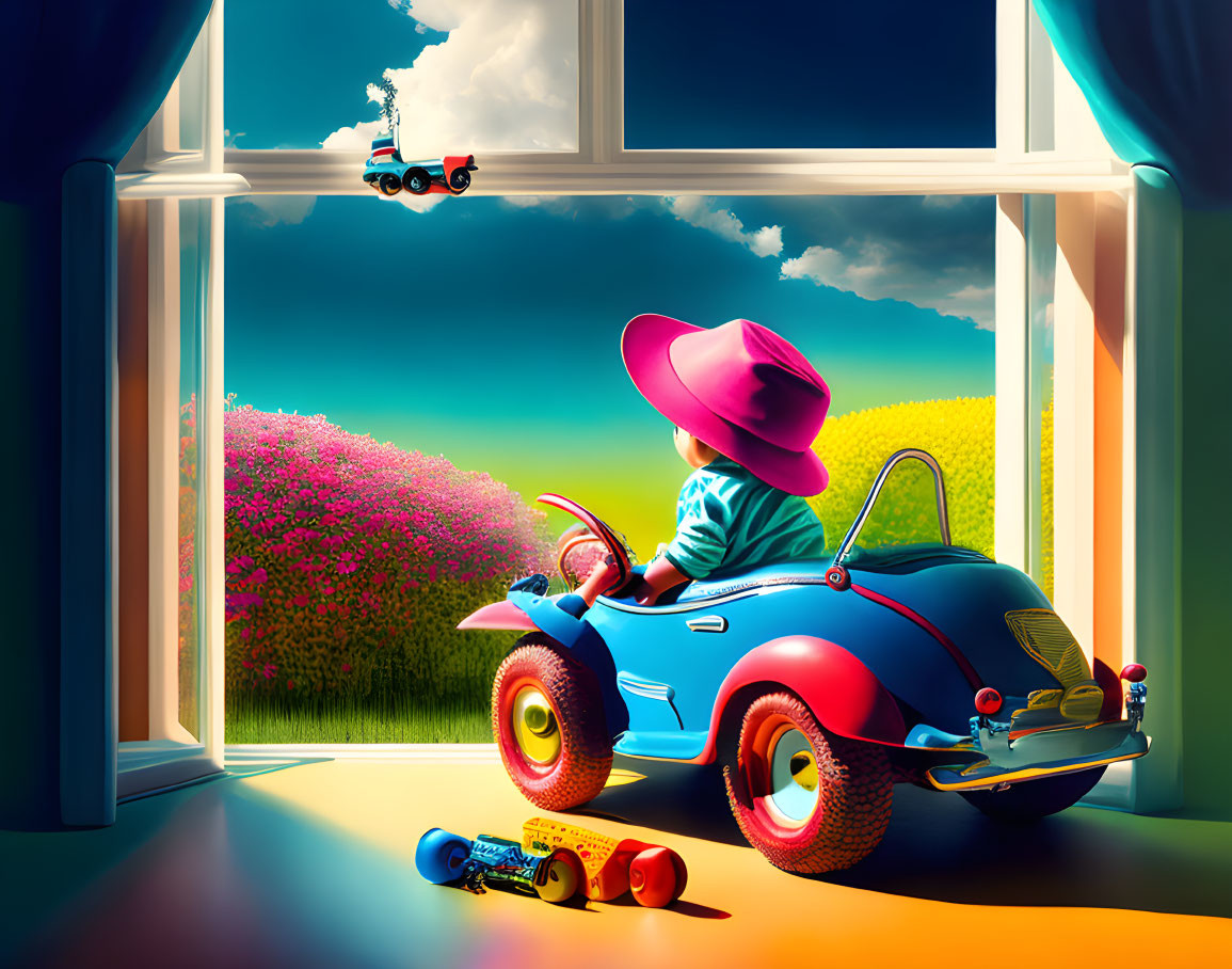 Child in cowboy hat plays with toy car near window overlooking vibrant countryside, toy train above.