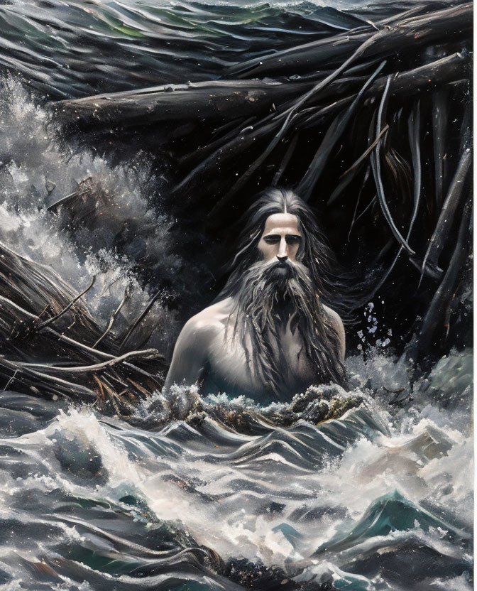 Bearded man emerges from tumultuous sea amid stormy waves and kelp