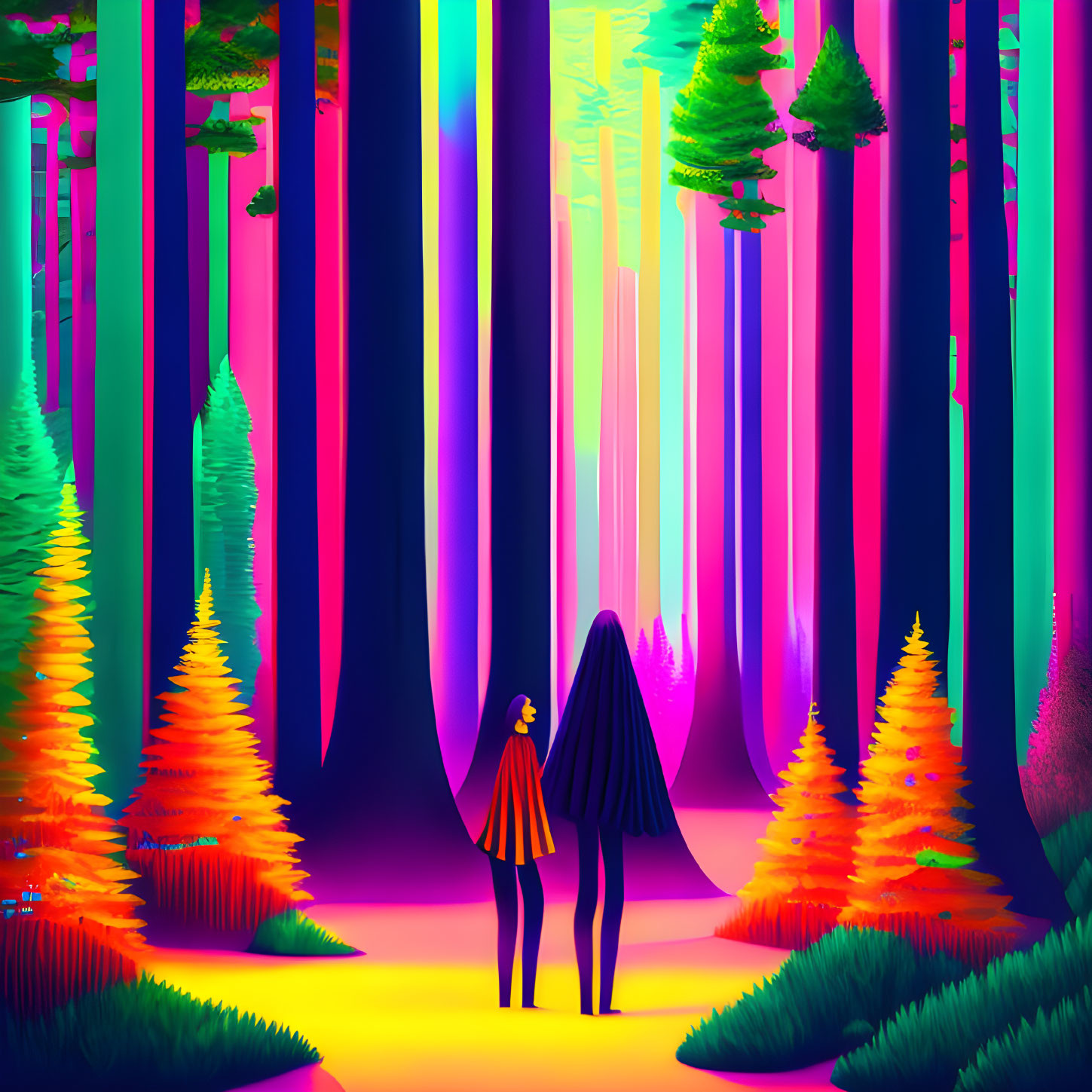 Colorful Forest with Person in Cape Among Glowing Scenery