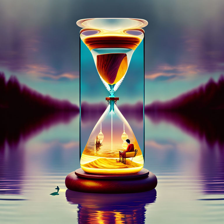 Surreal hourglass with boat and person on wooden surface by twilight lake