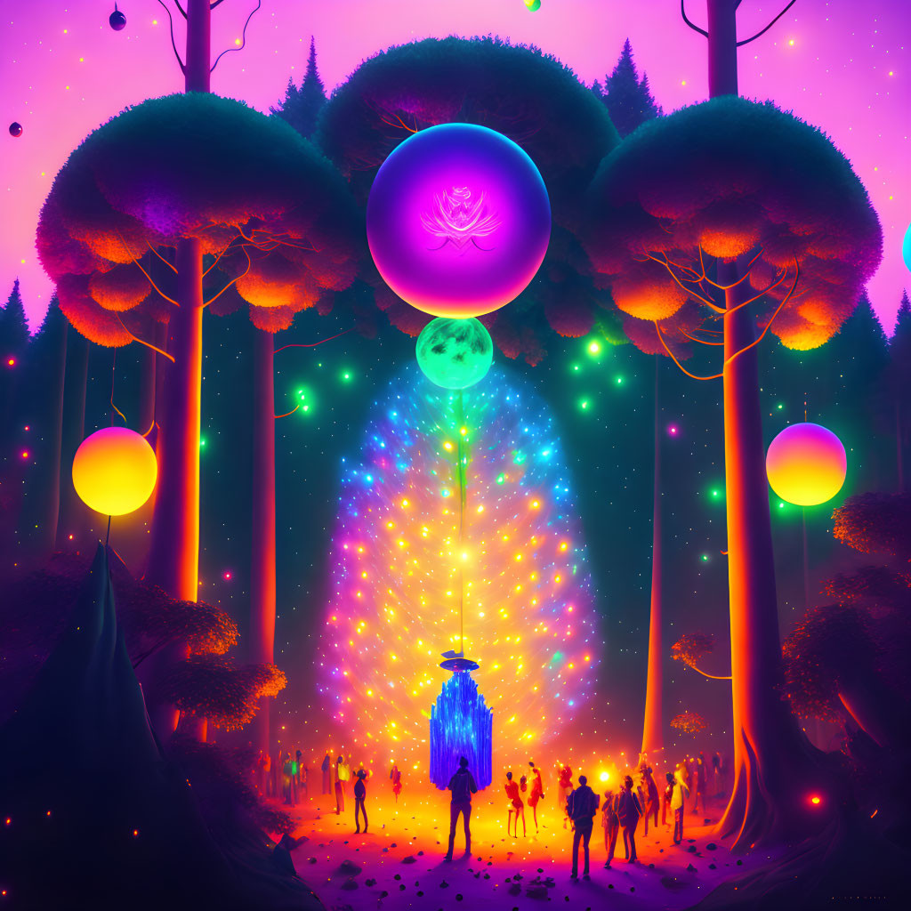 Neon-colored mystical forest with glowing orbs and silhouetted figures