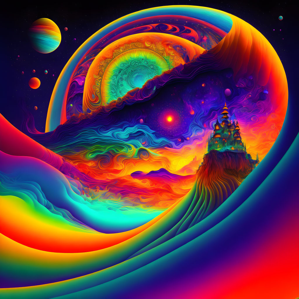 Colorful Psychedelic Landscape with Castle, Planets, and Starry Sky