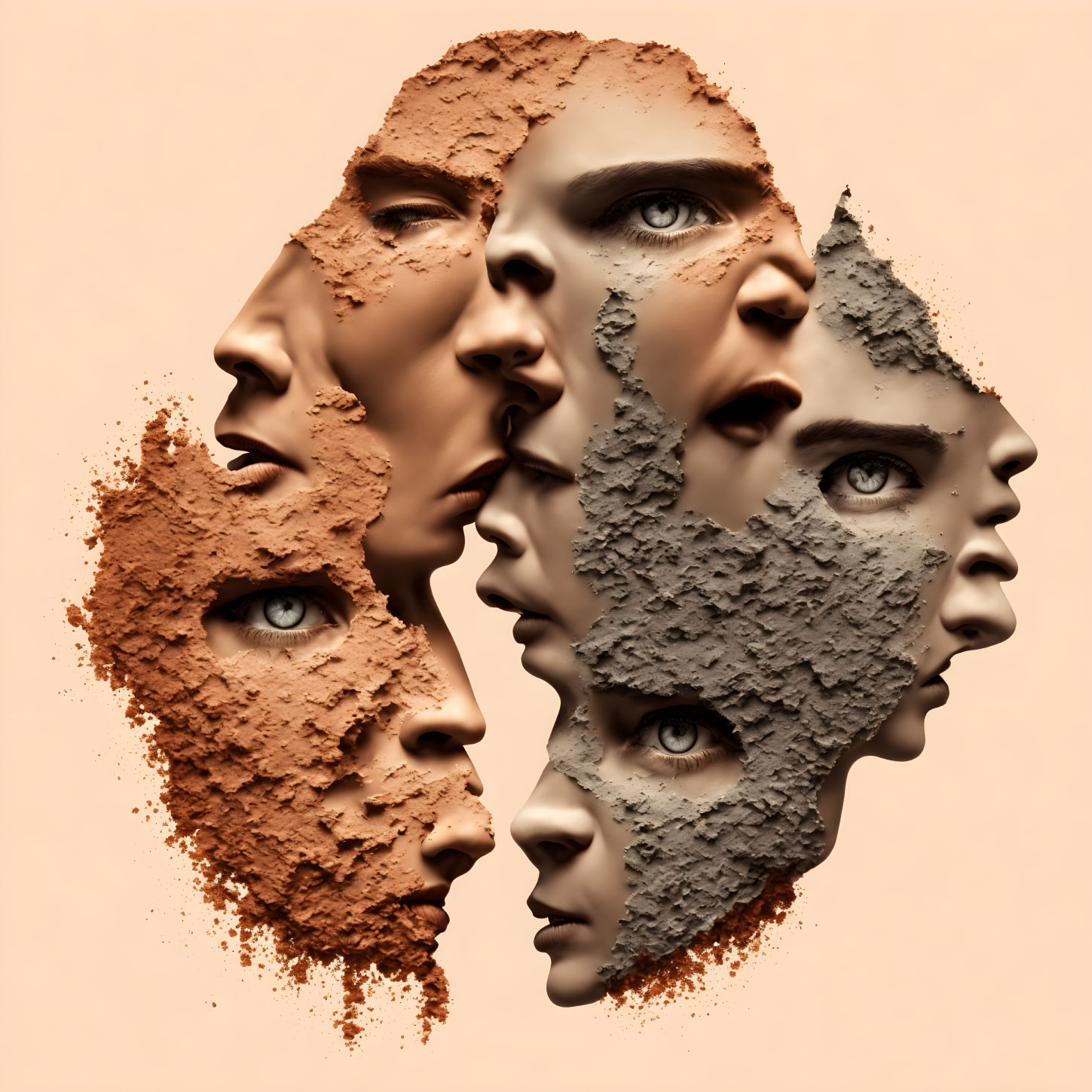 Abstract Human Faces Profile and Frontal View in Earth Tones on Neutral Background