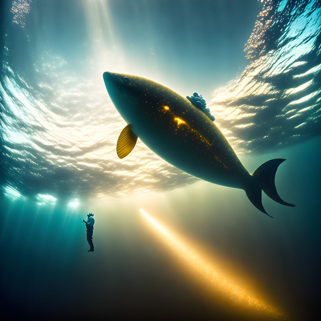 Silhouette of diver and whale in sunlit ocean depths