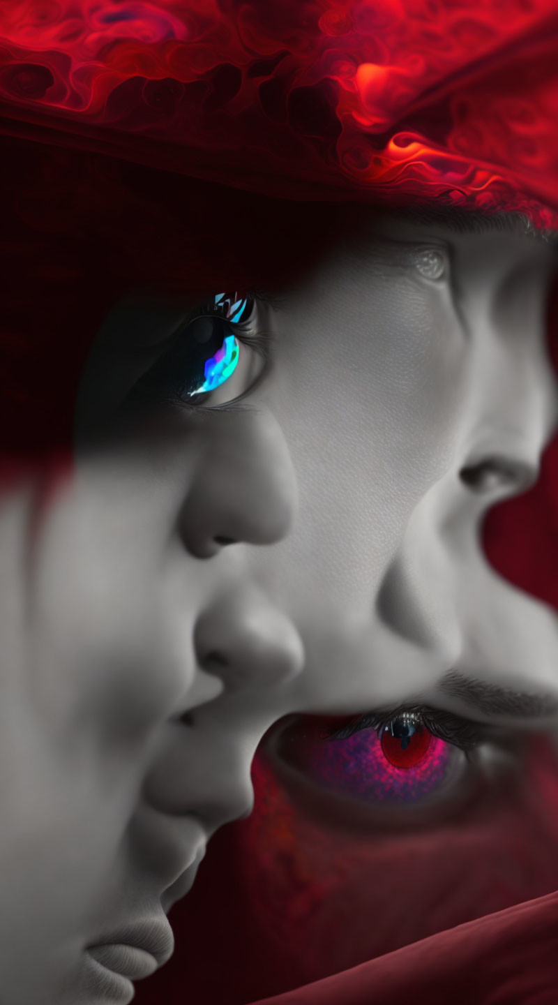 Colorful Overlapping Profile Faces with Striking Eyes on Abstract Red and Black Background