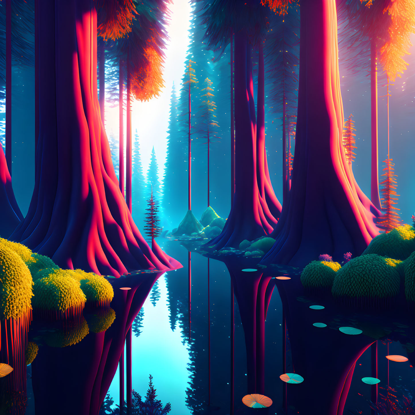 Surreal neon forest with large trees, reflective water, and luminous orbs