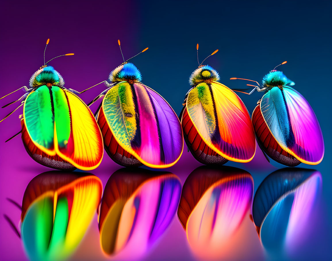 Four iridescent beetles on gradient purple-pink background