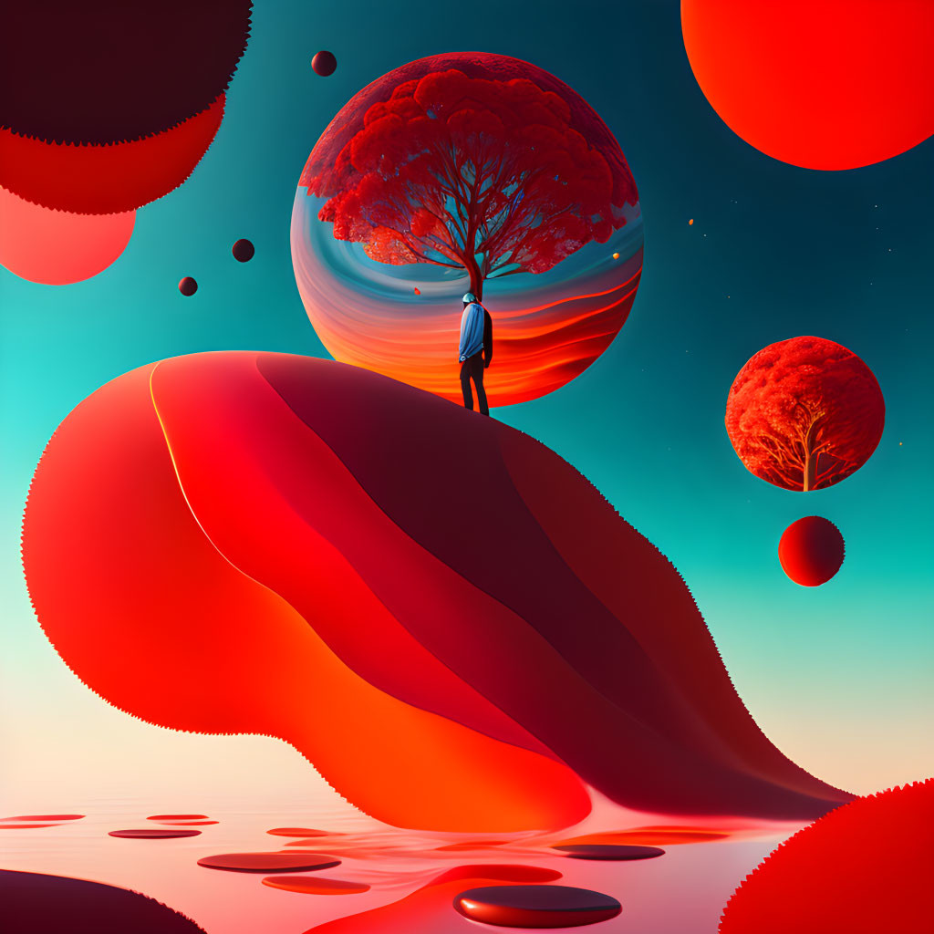 Surreal landscape with person, red tree, floating orbs, red hills, and dual-toned