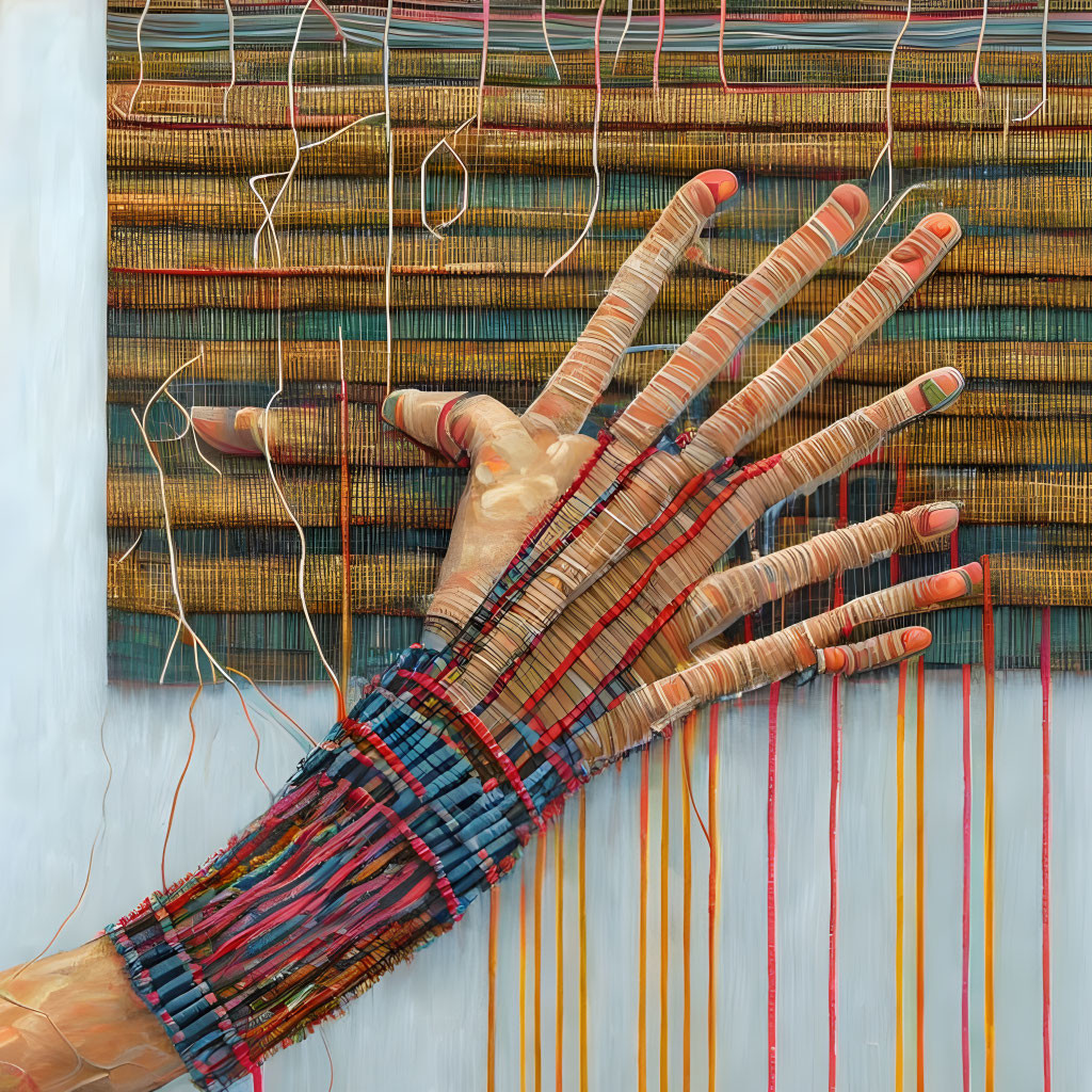 Hyperrealistic Hand Painting with Colorful Threads on Striped Background