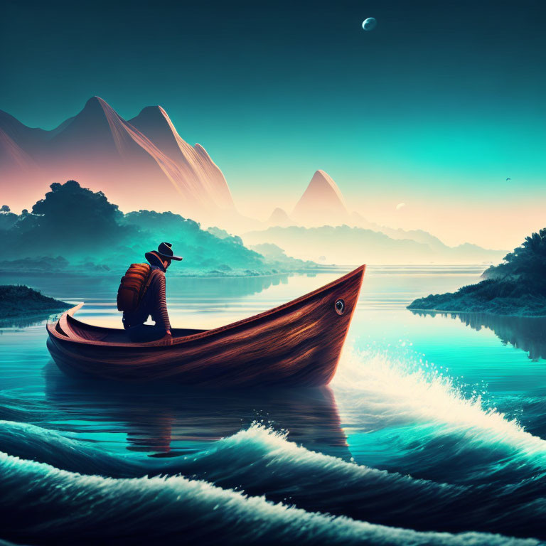 Person paddling wooden boat on calm lake with misty mountains and crescent moon