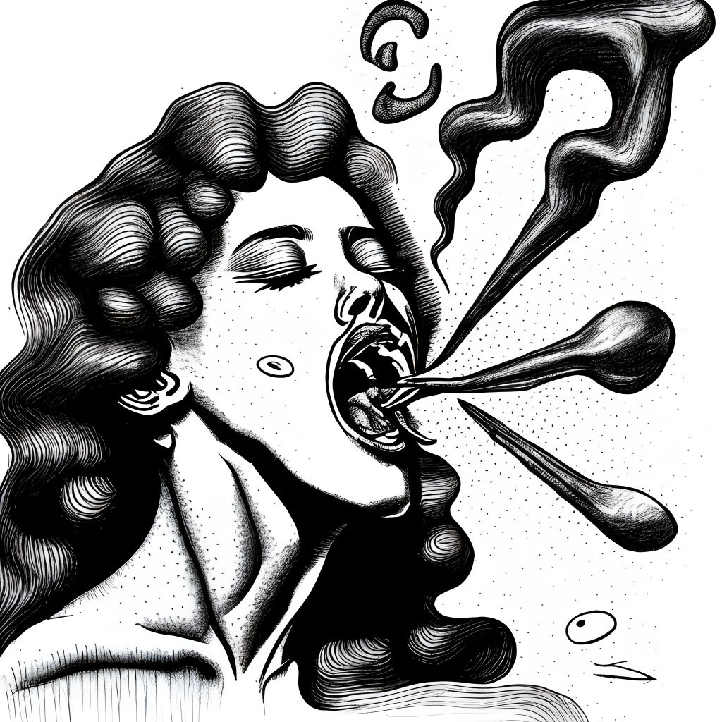 Monochrome surreal artwork: Exaggerated curly hair, distorted facial features, spoon-shaped mouth.