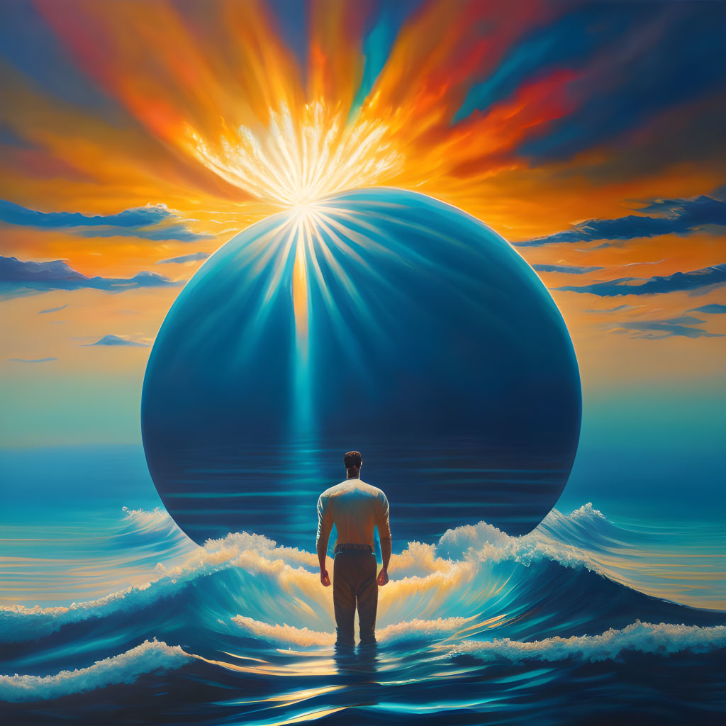 Person standing in ocean facing massive reflective sphere under radiant sunset