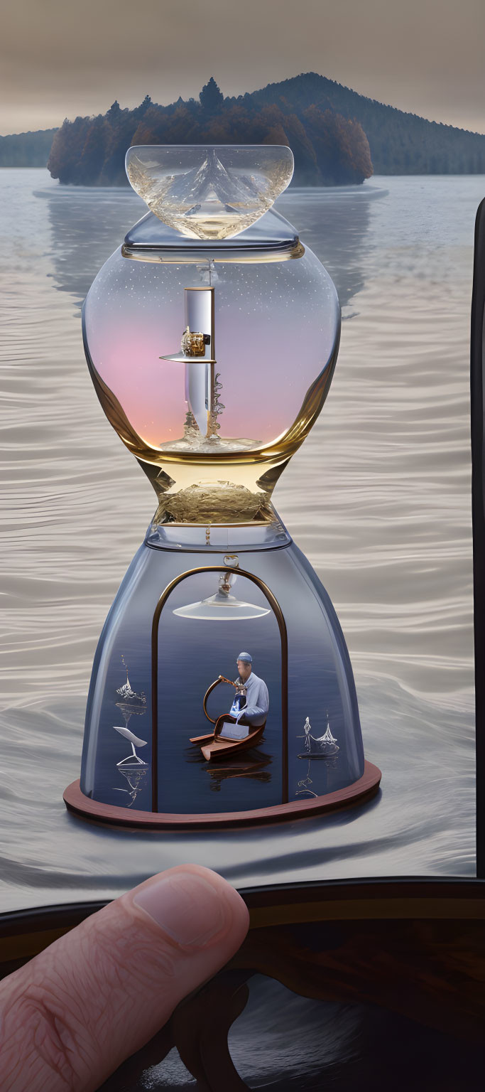 Unique Hourglass with Rowing Man, Marine Life, and Wintry Landscape