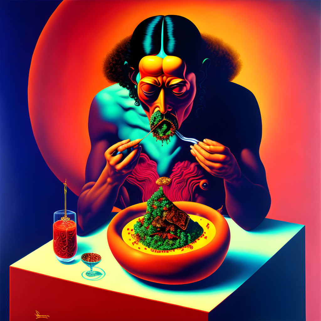 Colorful Surreal Artwork: Person Eating with Intertwined Digestive System