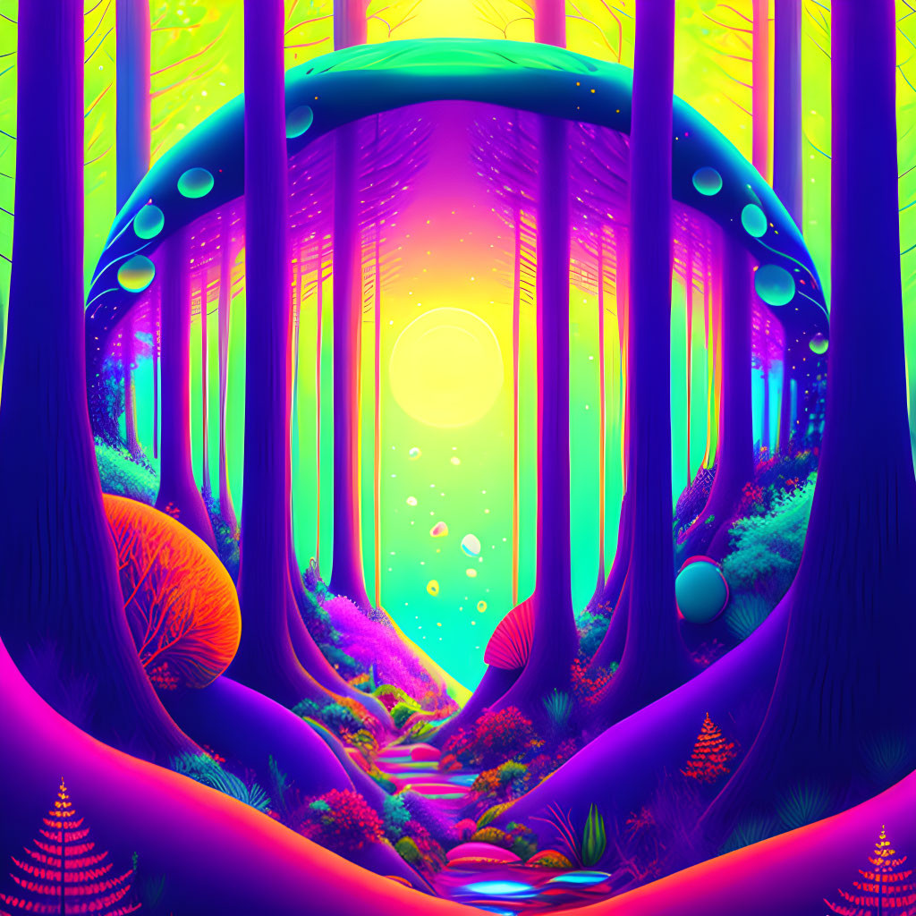 Neon-colored forest with glowing orbs, stream, and sunset