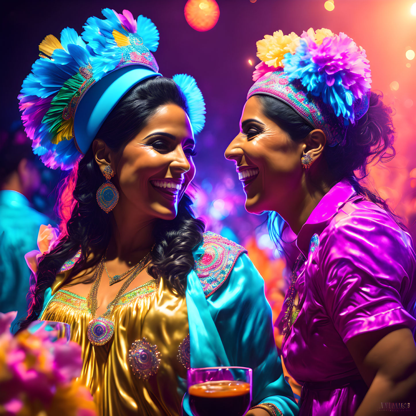 Two women in vibrant Indian attire laughing at festive celebration