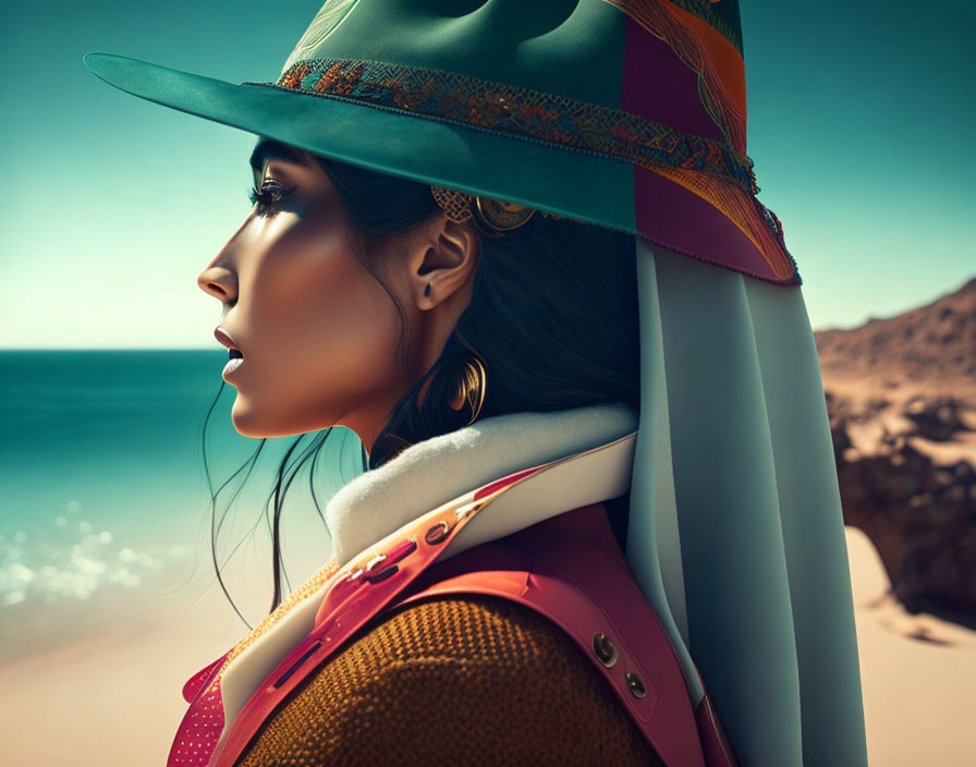 Woman in Green Hat with Elegant Earrings and Colorful Outfit on Serene Beach
