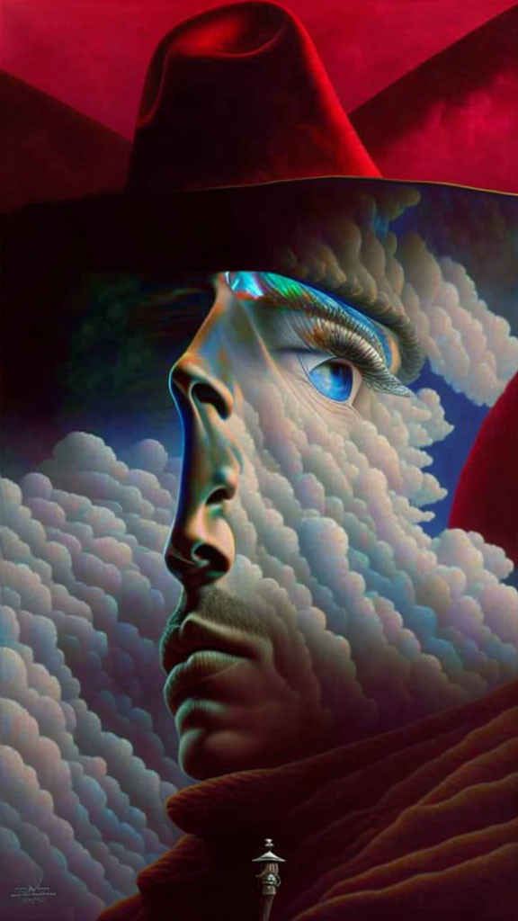 Artistic representation: Face merging with clouds, eyes and nose prominent, on red backdrop with shadowy