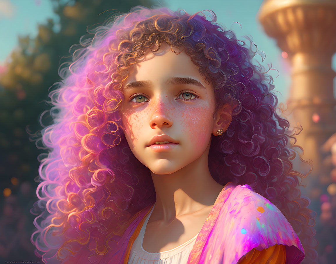 Young girl with curly purple hair and green eyes in sunlit digital portrait