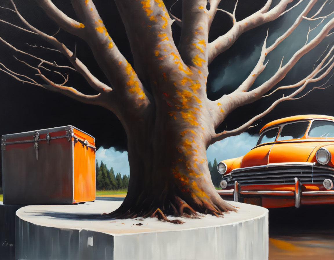 Vintage car, tree, and red container on platform at night