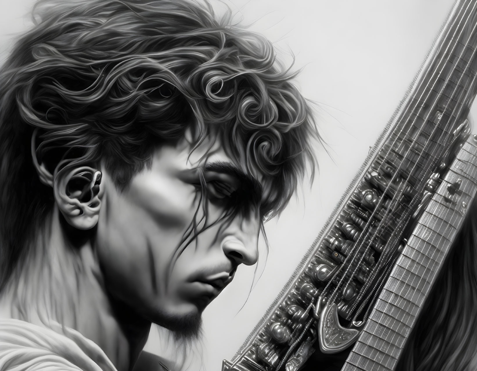 Monochrome digital art: pensive man with wavy hair beside intricate electric guitar