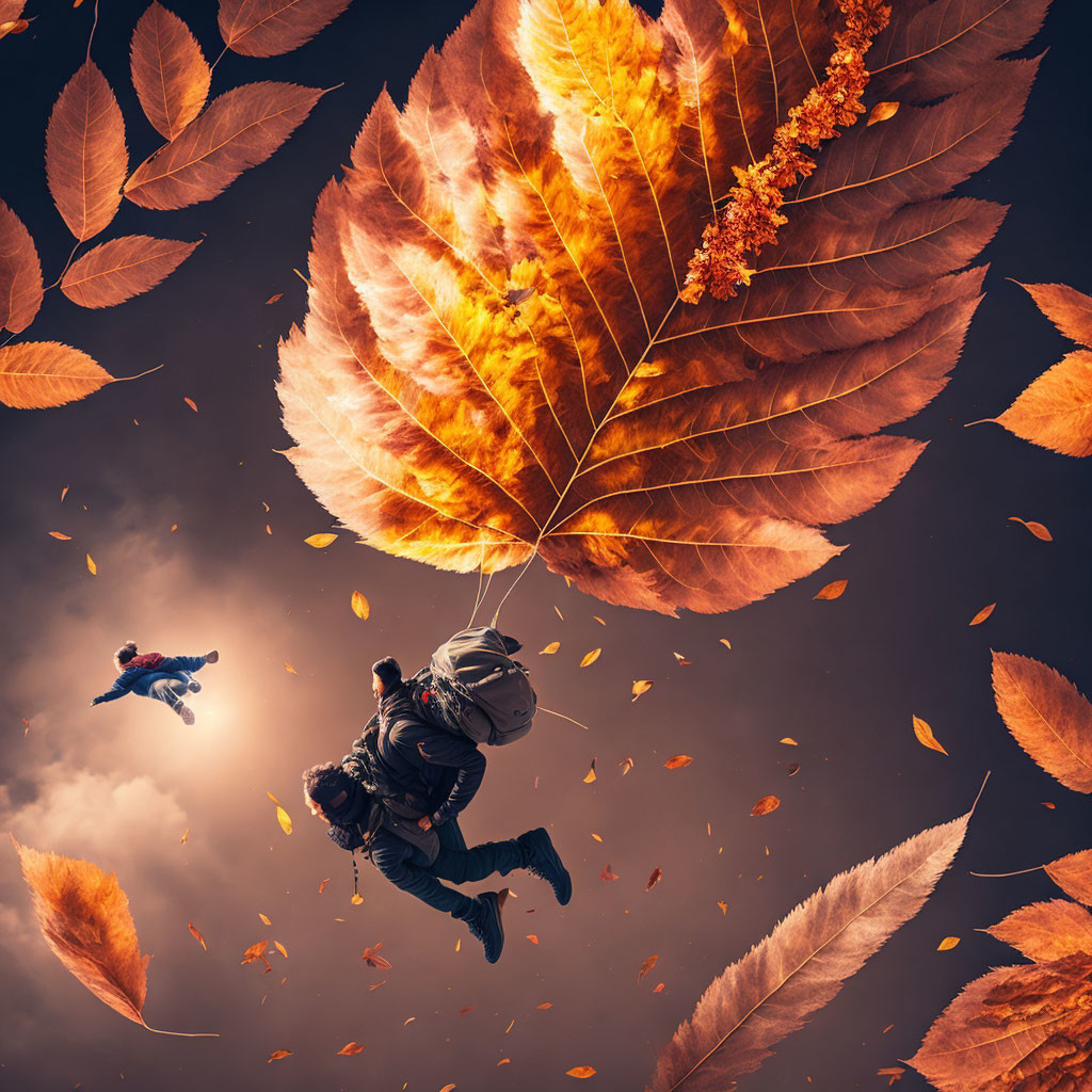 Two people skydiving with giant autumn leaf parachute in sepia-toned sky