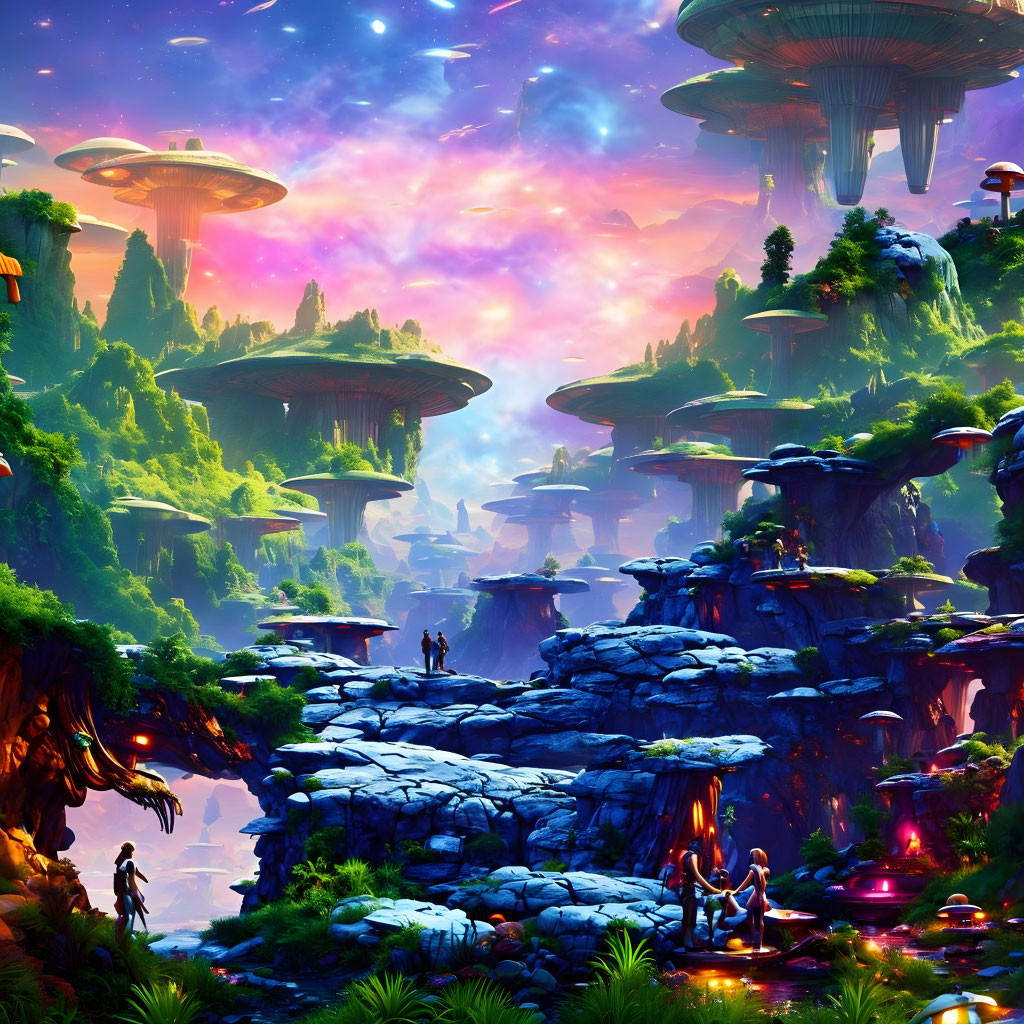 Fantastical landscape with towering mushrooms, glowing flora, and tiny explorers beneath starlit sky