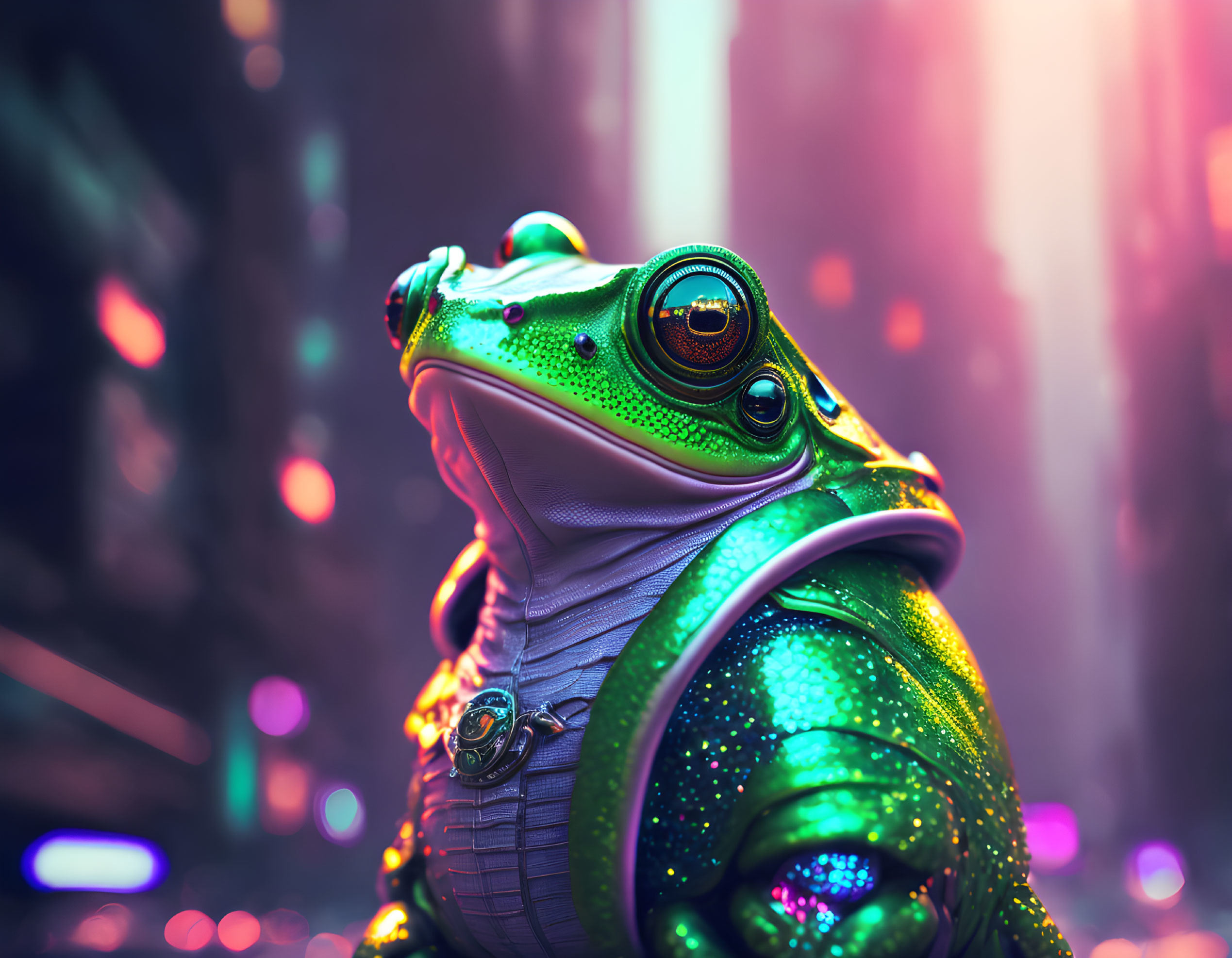 Colorful Anthropomorphic Frog in Futuristic Attire Amidst Neon Cityscape