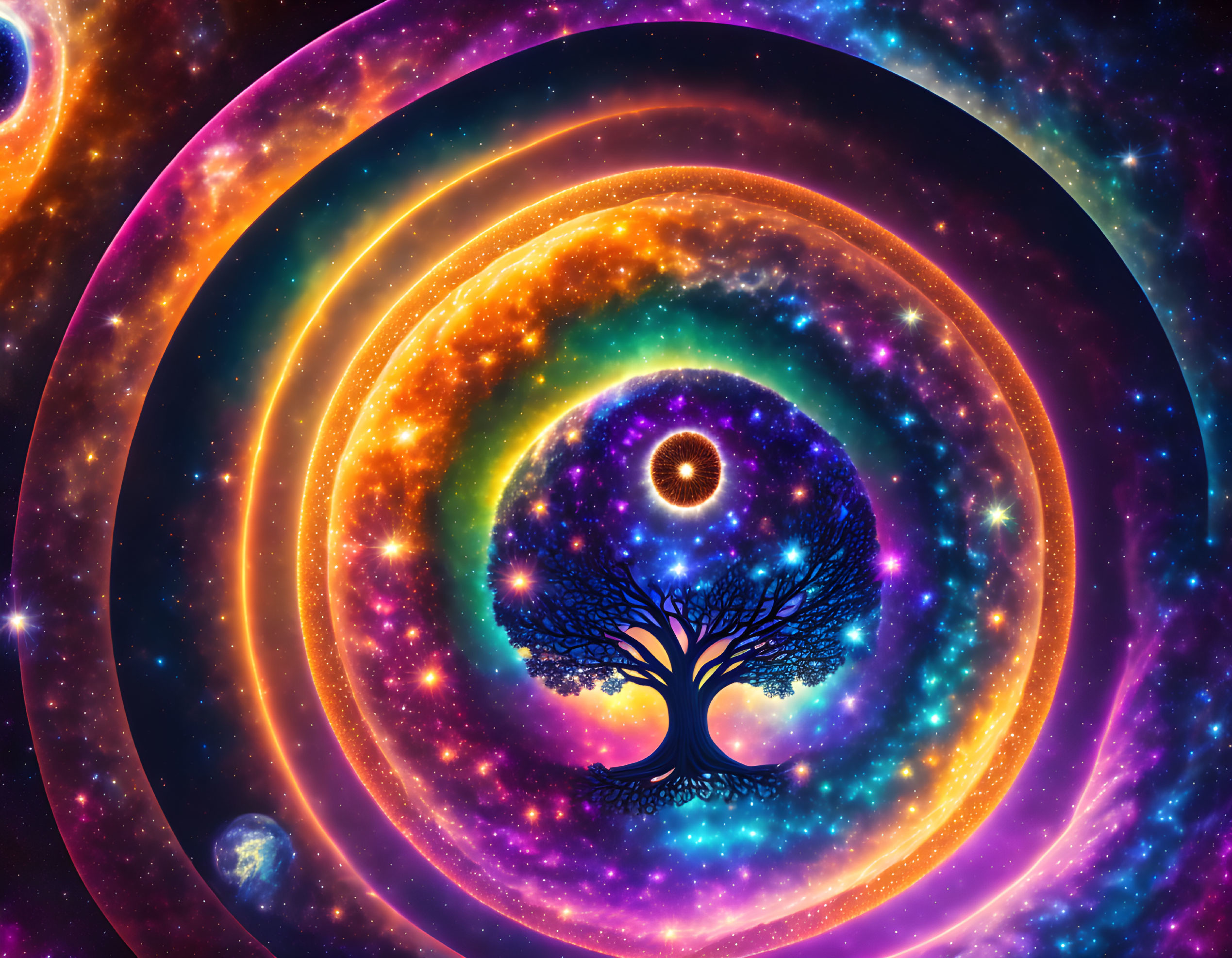 Colorful cosmic art: concentric circles, tree silhouette, starry space.