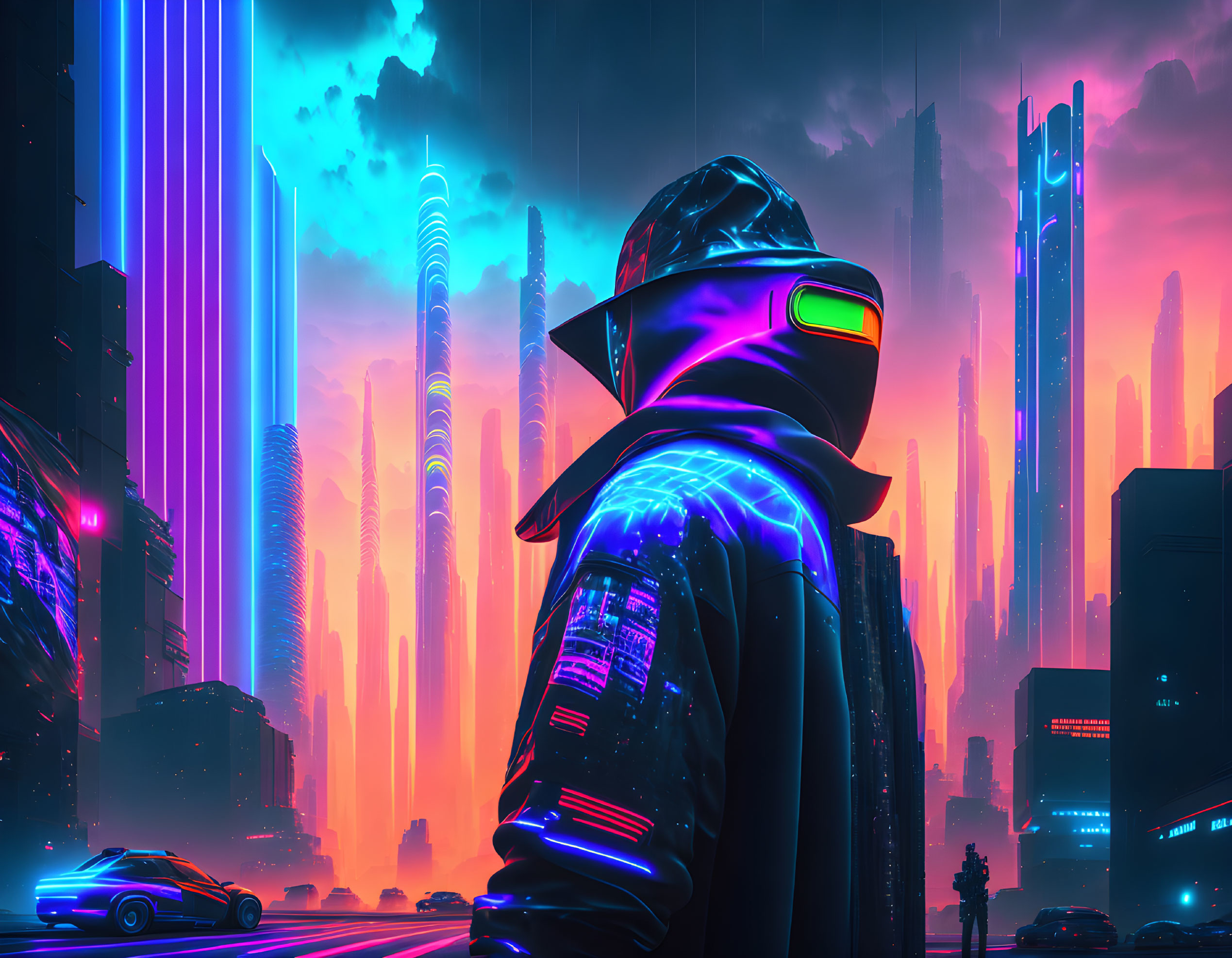 Futuristic person gazes at neon-lit cyberpunk cityscape