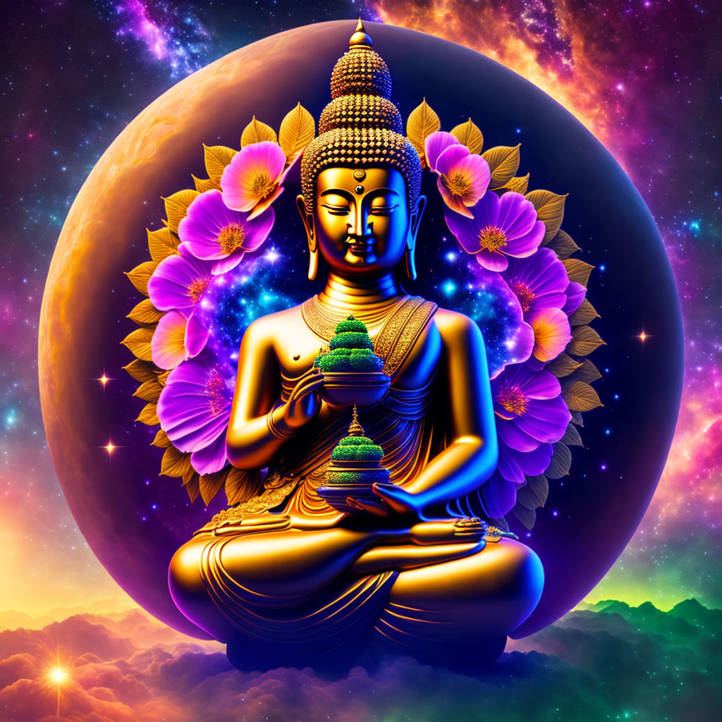 Golden Buddha Meditating with Stupa and Lotuses in Cosmic Setting