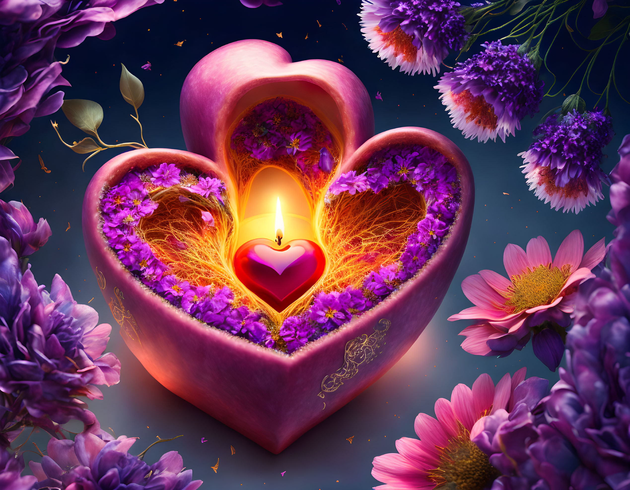 Colorful heart shapes with candle and flowers in radiant illustration